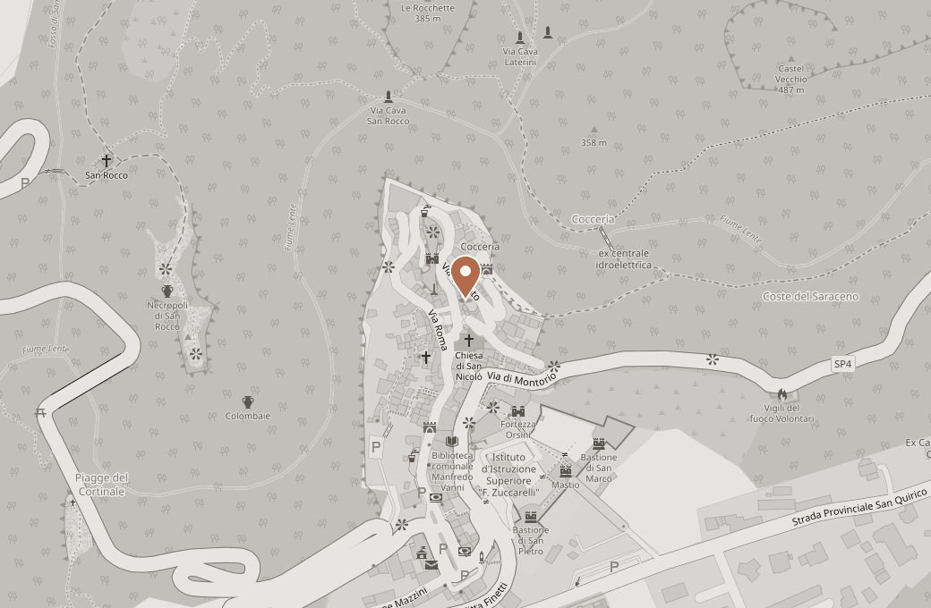 Map of Sorano's old town with Palazzo Palloni marked on Via Ferdinando Palloni.
